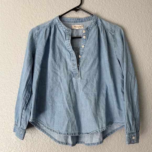 Madewell Popover Top Womens Emmie Wash Denim Shirred Long Sleeve Size XXS - Picture 4 of 14